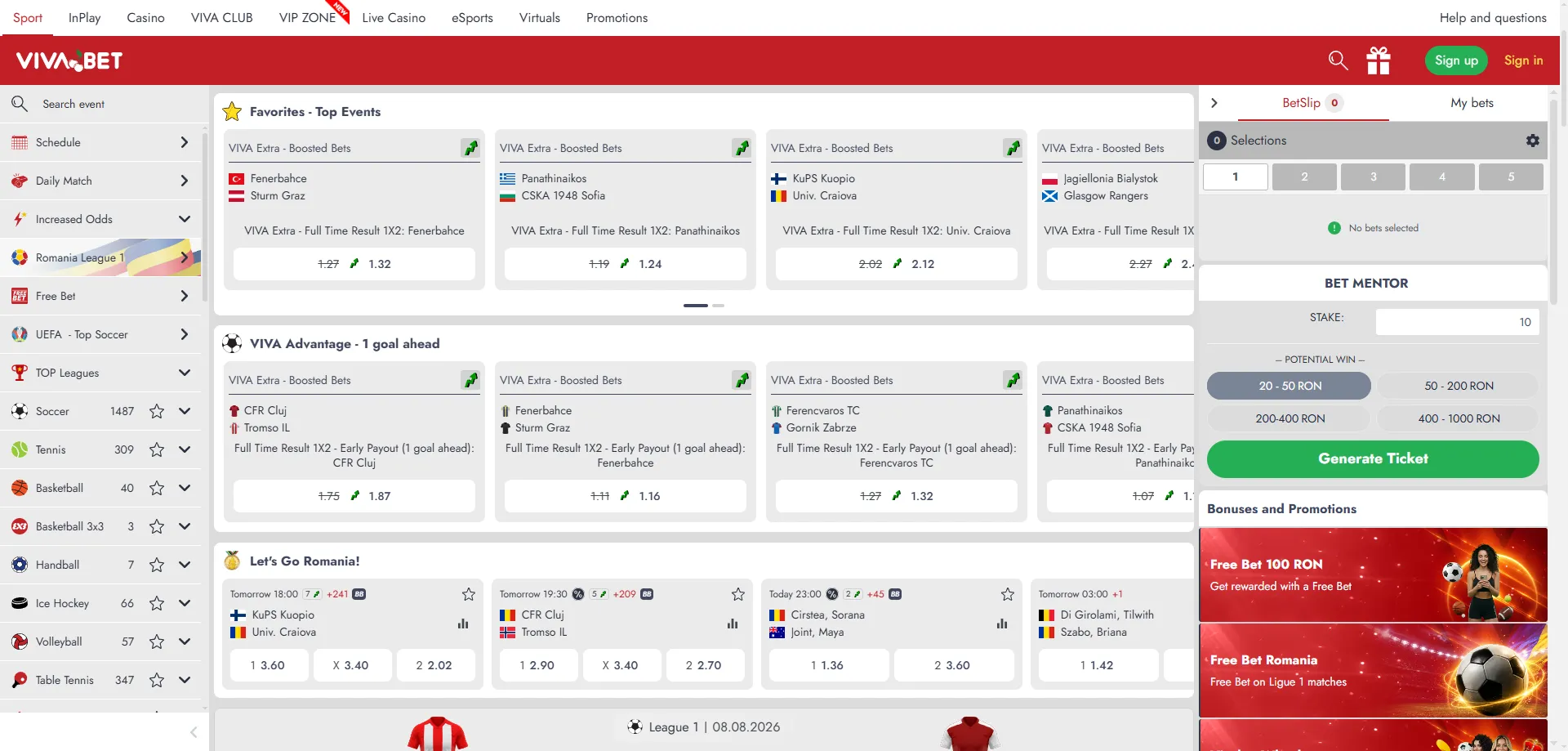 Apuestas deportivas en VIVABET &mdash; f&uacute;tbol, basquetbol y m&aacute;s eventos